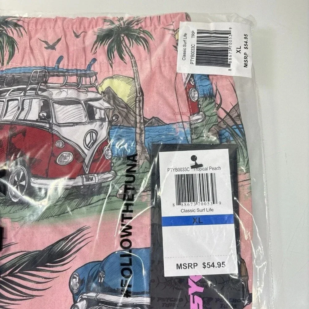 Psycho‎ Tuna Pink Surf Life Vintage Cars Swim Trunks Board Shorts Size XL NWT